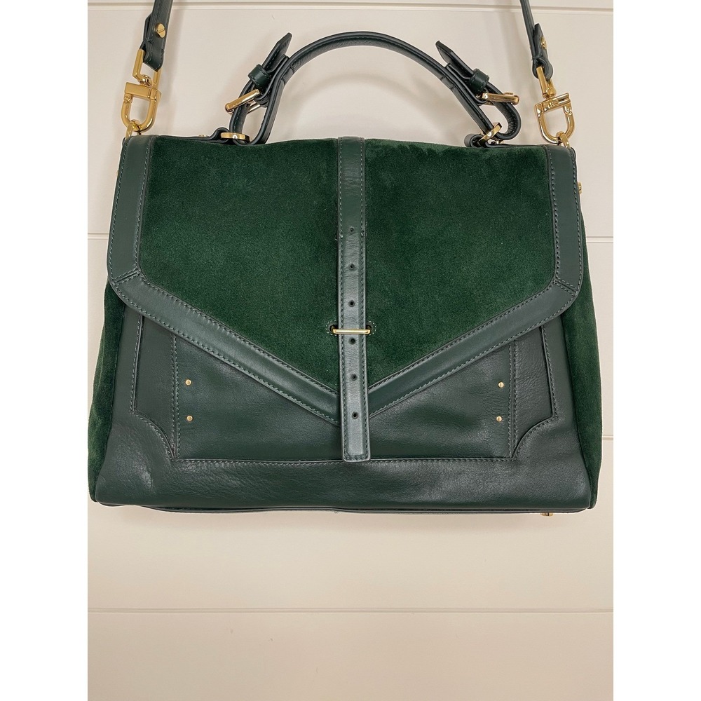 Tory Burch‎ Dark Green Leather and Suede Satchel Crossbody Bag Gold Hardware 797